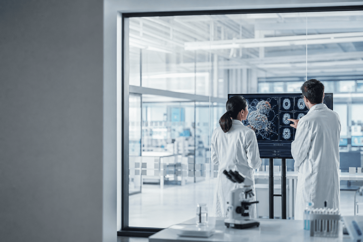 Two researchers in white coats reviewing molecular imaging results on a large display in a clinical research facility.