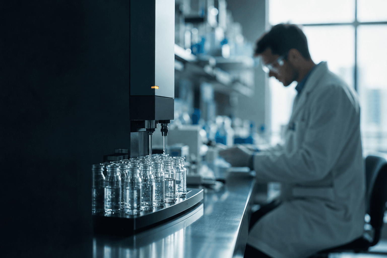 Researcher working at a stainless steel laboratory bench beside a row of glass sample vials.