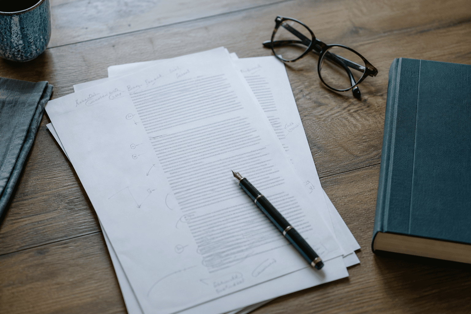 Annotated manuscript proof pages on a desk with a fountain pen and reading glasses.