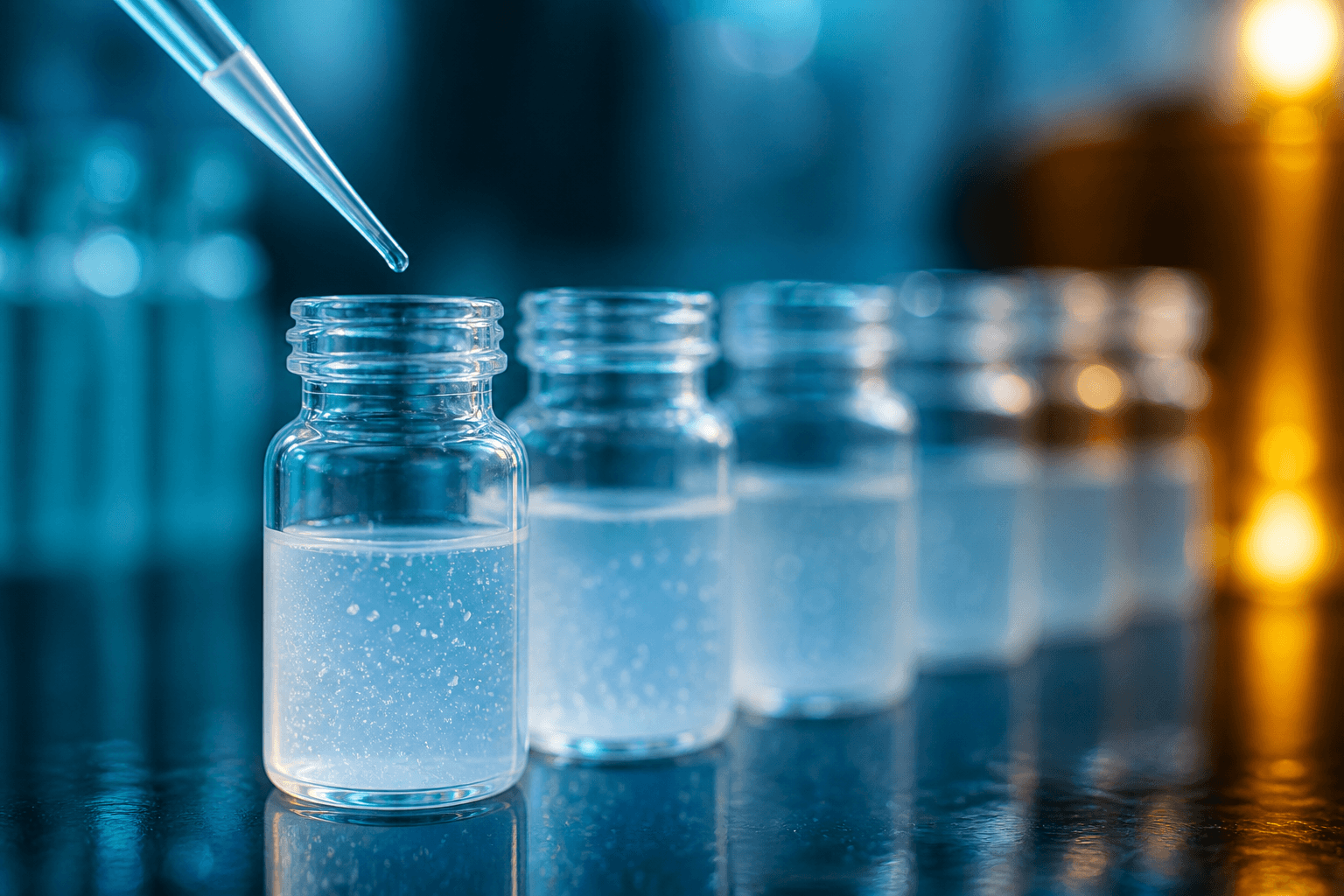 Close-up of glass vials holding an opalescent nanoparticle suspension with a pipette above.