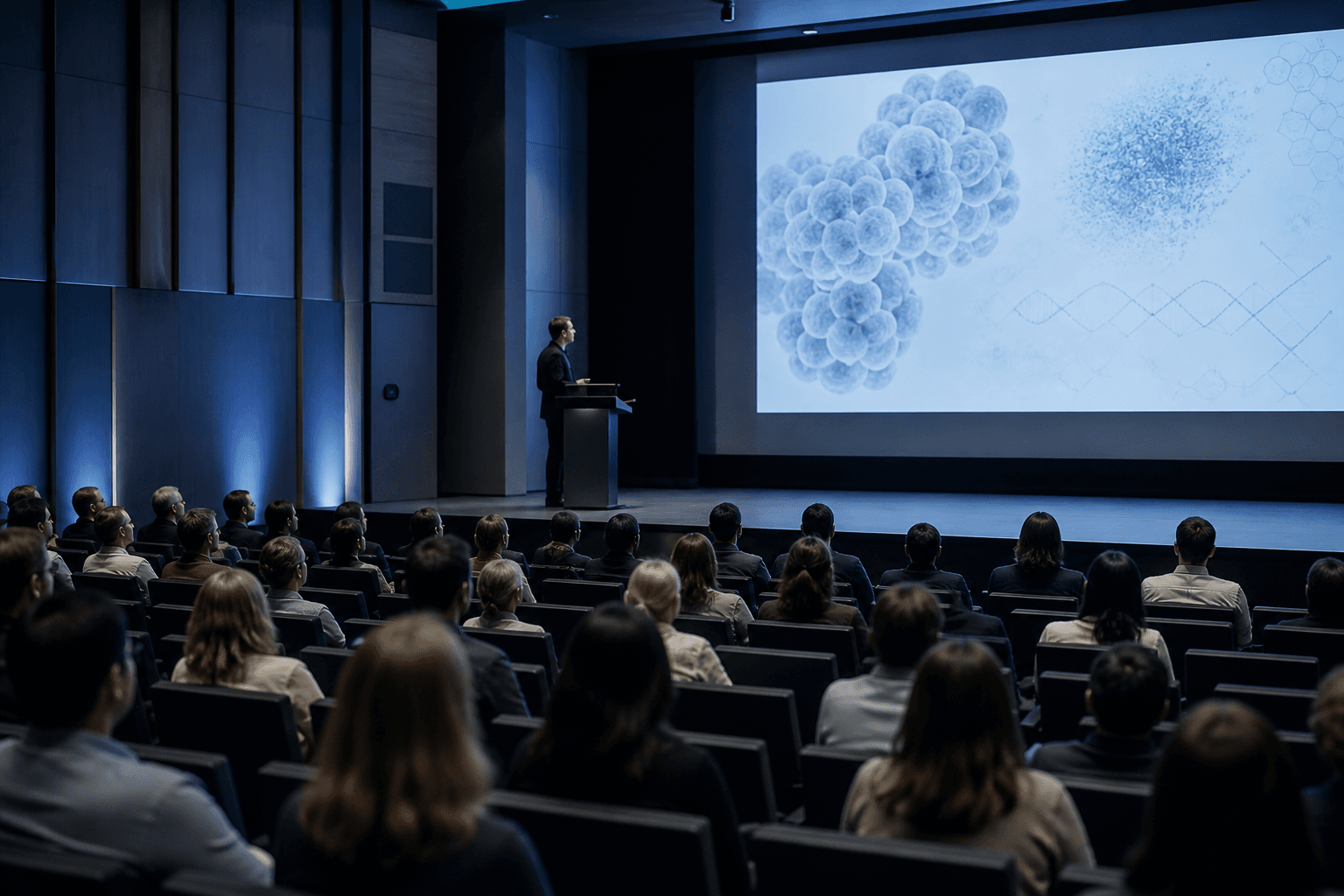 Speaker presenting to a seated audience in a university auditorium beside a large projection screen.